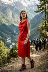 Vermillion Red Boat Neck Svarovski Work Slipdress