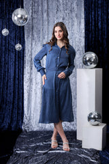 Navy Blue Svarovski Work Belted Shirt Dress
