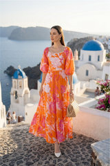 Saffron Bloosom Floral Flared Pure Cotton Maxi Dress