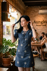 Denim Embroidery Work String Neckline Midi Dress For Women