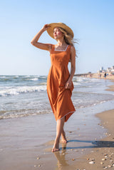 Classic Orange Cotton Dress - Clean Fit, Flowy Silhouette, Timeless Style