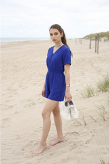 Women's Royal Blue Elastic Waist Romper Jumpsuit