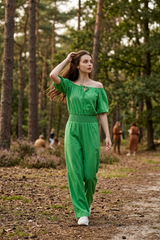 Green Jumpsuit With Smocking Detailing Off Shoulder