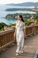 Trendy Floral Front Buttoned V Neck Wide Leg Jumpsuit