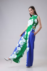 Floral Color Block Round Neck Side Waist Cut Out Jumpsuit