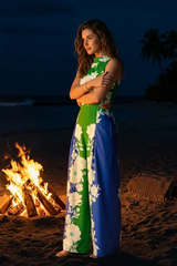 Floral Color Block Round Neck Side Waist Cut Out Jumpsuit