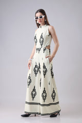 Retro Paisley Round Neck Side Waist Cut Out Jumpsuit