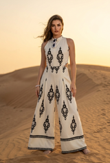 Retro Paisley Round Neck Side Waist Cut Out Jumpsuit