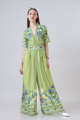 Placement Floral Front Buttoned V Neck Wide Leg Jumpsuit