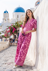 Seamless Floral Front Buttoned V Neck Wide Leg Jumpsuit