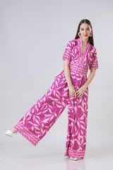 Seamless Floral Front Buttoned V Neck Wide Leg Jumpsuit