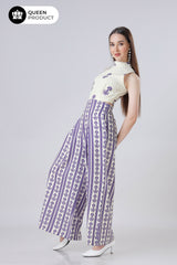 Ethnic Motif Print Round Neck Side Waist Cut Out Jumpsuit