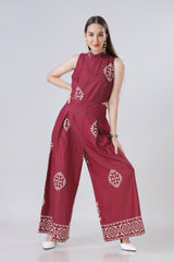 Placement Motif Print Round Neck Side Waist Cut Out Jumpsuit