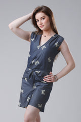 Denim Embroidery Work Front Knot Jumpsuit For Women