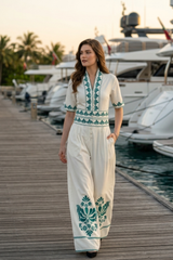 Ethnic Floral Front Buttoned V Neck Wide Leg Jumpsuit