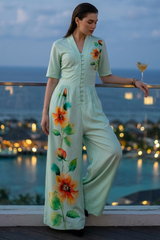 Placement Floral Front Buttoned V Neck Wide Leg Jumpsuit