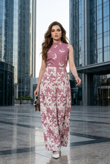 Luxe Floral Round Neck Side Waist Cut Out Jumpsuit