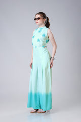 Ombre Floral Round Neck Side Waist Cut Out Jumpsuit