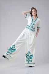 Ethnic Floral Front Buttoned V Neck Wide Leg Jumpsuit