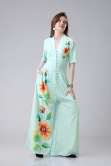 Placement Floral Front Buttoned V Neck Wide Leg Jumpsuit
