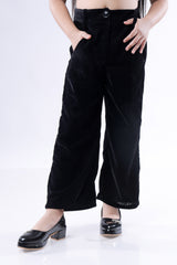Girls's Velvet Plain Black Straight Fit Pant