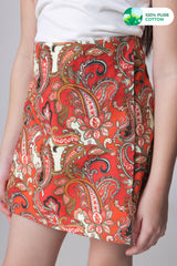 Red Paisley Loose Fit Cotton Shorts For Girls