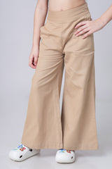 Beige Thread Embroideyr Work  Plain Cotton Trouser For Girls