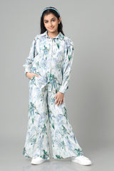 Exclusive Creamy Leafage Pleated Co-Ord Set For Girls
