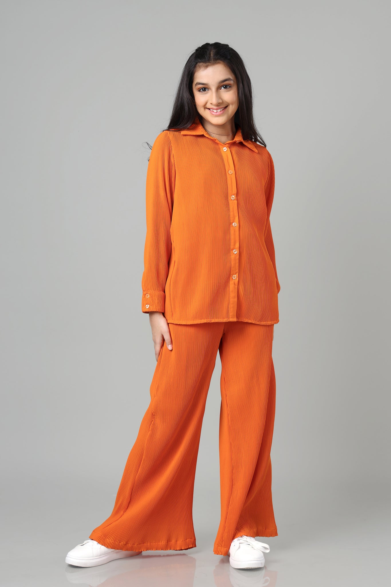 Exclusive Apricot Pleated Co-Ord Set For Girls
