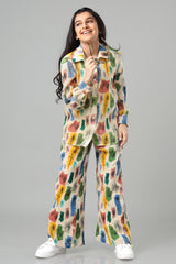 Exclusive Abstract Floral Pleated Co-Ord Set For Girls