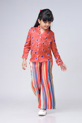Stripes Floral Shirt And Pant Co-Ord Set For Girls