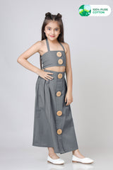 Girls Classic Big Button Cotton Skirt And Top Set