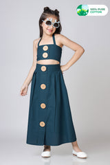 Girls Classic Big Button Cotton Skirt And Top Set