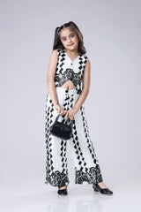 Classic Black And White Floral Pleated Co-Ord Set For Girls