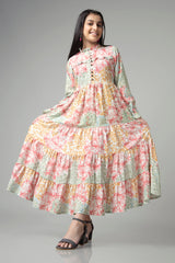 Floral Gather Flounce Sleeve Maxi Dress For Girls