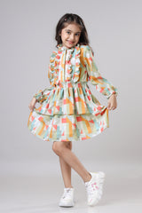 Abstract Ruffle Flounce Sleeve Midi Dress For Girls