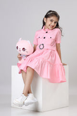Classic Pink Belted Cotton Dress For Girls