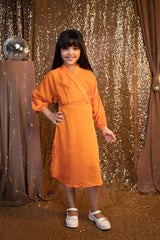 Orange Svarovski Work Overlap Neck Dress For Girls