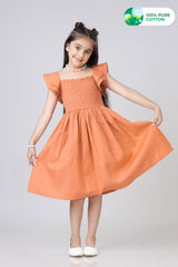 Solid Coral Orange Fit And Flair Smocked Dress