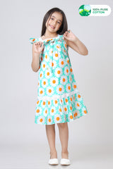 Floral Butterfly Sleeve Ruffle Hem Lace Work Dress For Girls