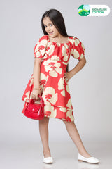 Red Abstract Floral Print Fit And Flare Girls Dress