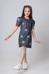 Denim Embroidery Work String Neckline Midi Dress For Girls