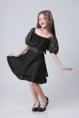 Black Embroidery Thread Work Fit And Flare Girls Dress