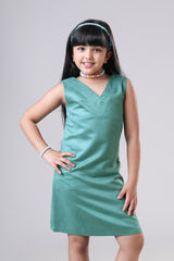 Bottle Green Pinafore Sleeveless Dress For Girl's