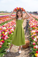 Classic Lime Green Cotton Girls Dress - Clean Fit, Flowy Silhouette, Timeless Style
