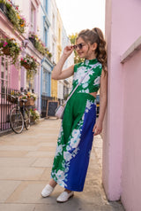 Floral Color Block Round Neck Side Waist Cut Out Girls Jumpsuit