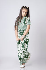 Attractive Border V Neck Wide Leg Girls Jumpsuit