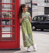 Placement Floral Front Buttoned V Neck Wide Leg Jumpsuit For Girls