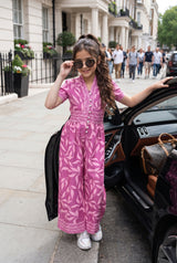 Seamless Floral Front Buttoned V Neck Wide Leg Jumpsuit For Girls