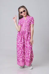 Seamless Floral Front Buttoned V Neck Wide Leg Jumpsuit For Girls